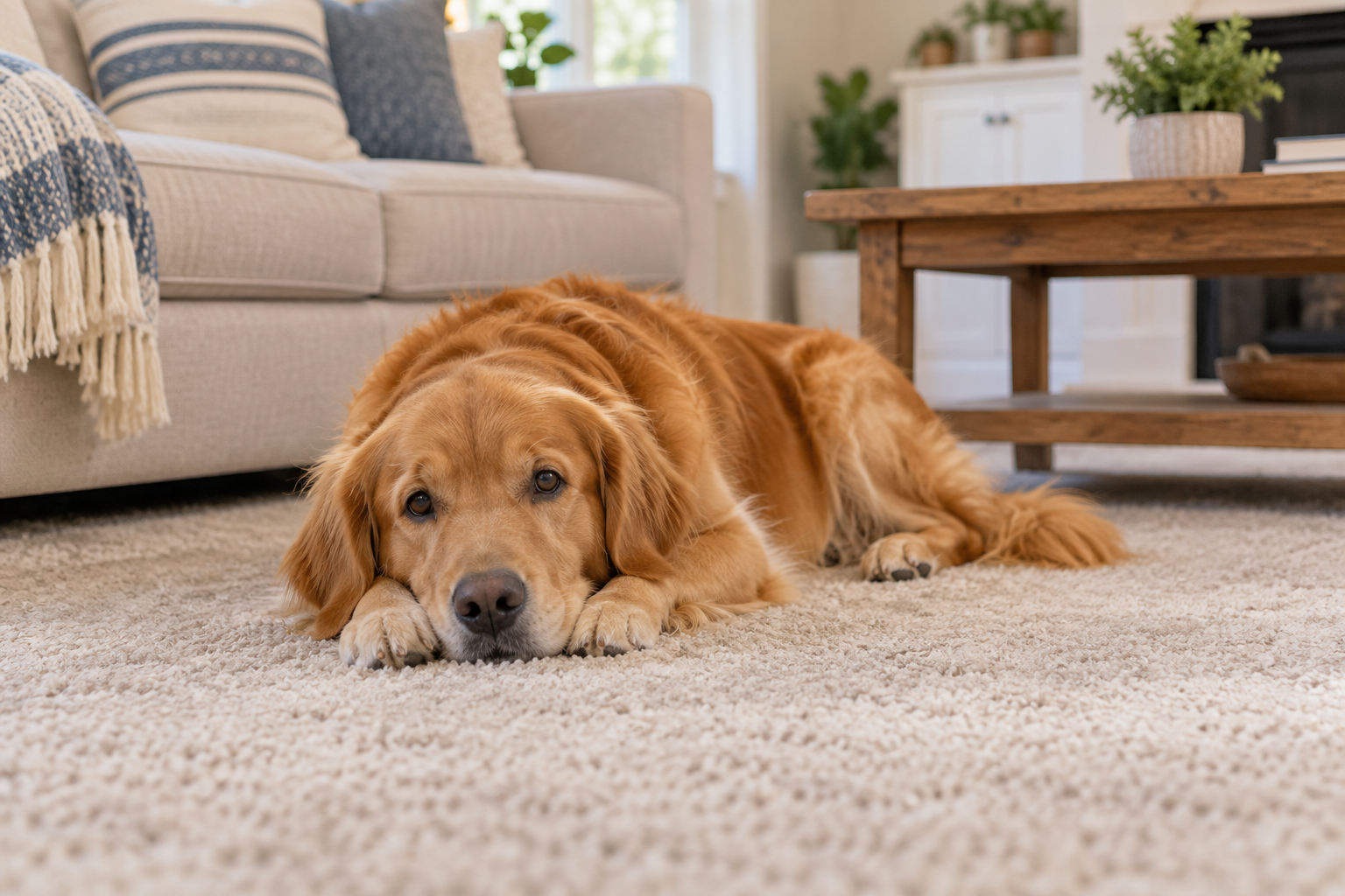 Golden retriever resting with its head on its paws on a clean, light-colored carpet in a bright, comfortable living room.
