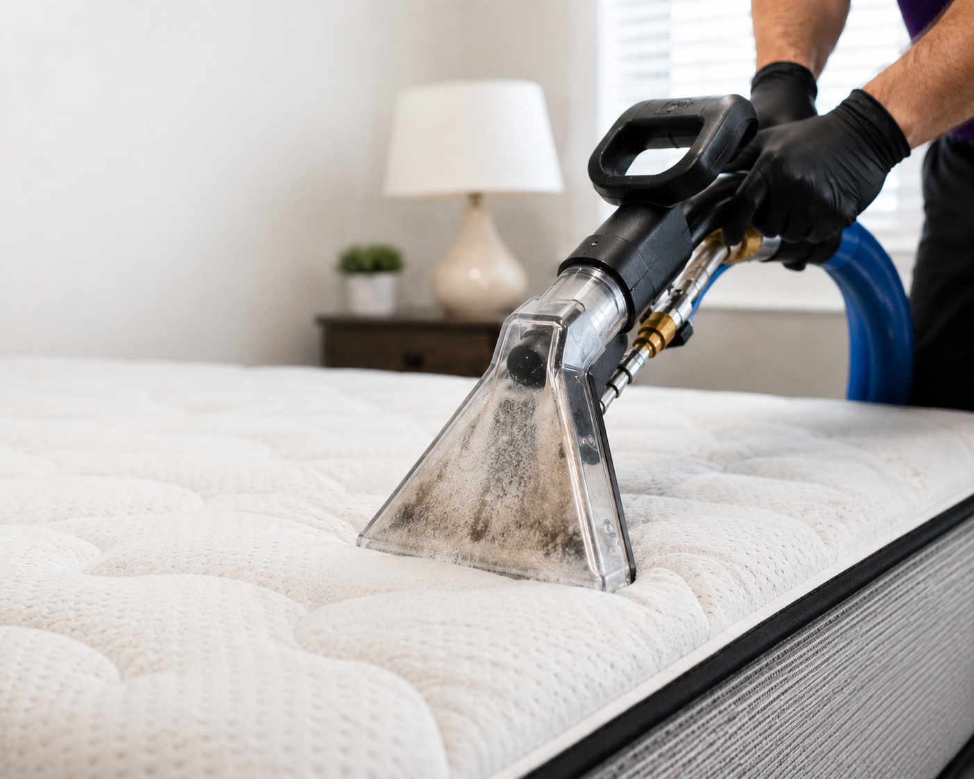 Professional mattress cleaning using hot water extraction to remove allergens, dust, and contaminants from a mattress surface