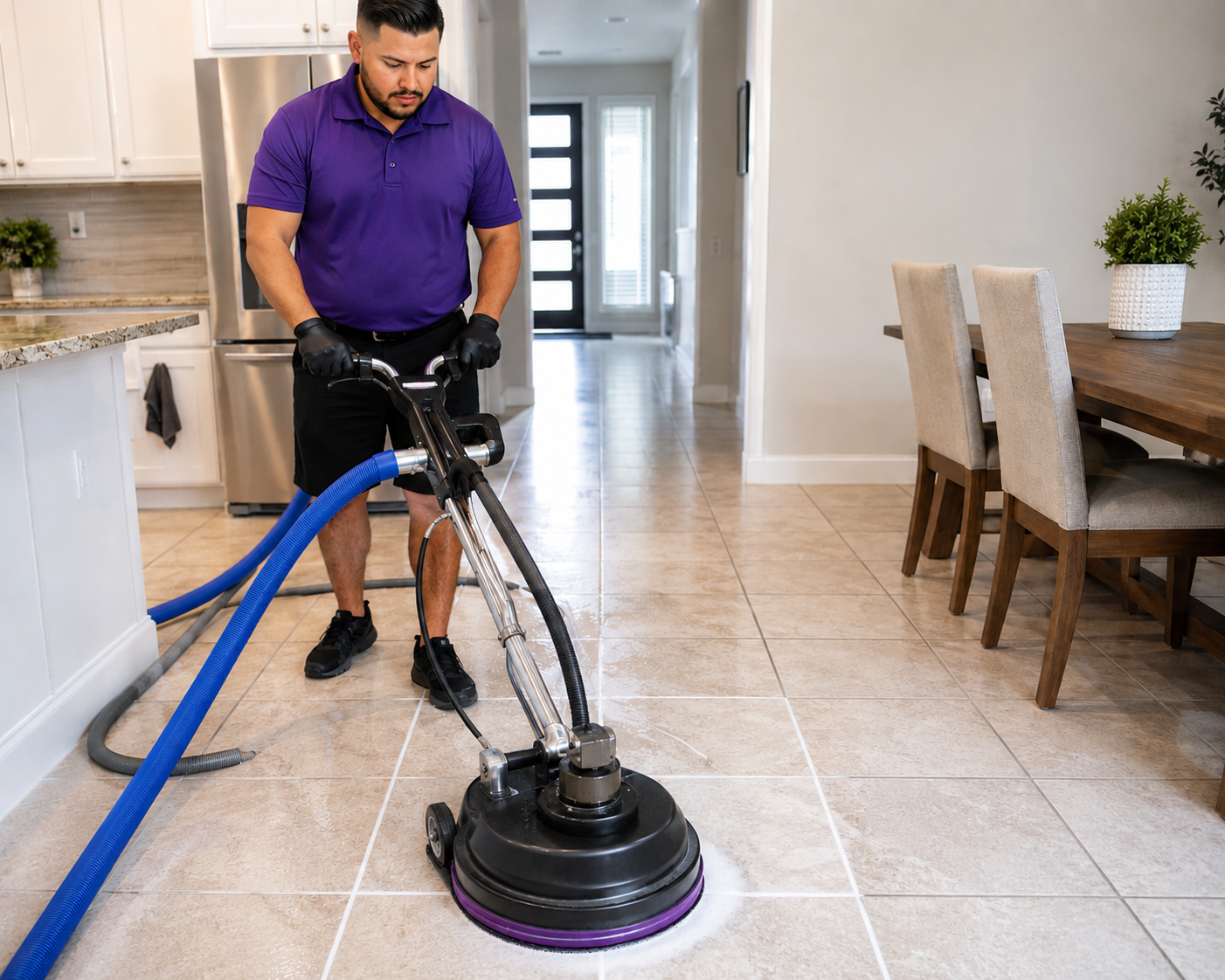 A technician wearing a purple shirt and black shorts cleans light-colored tile flooring with a rotary grout cleaning machine, removing embedded dirt from grout lines in a well-lit home interior