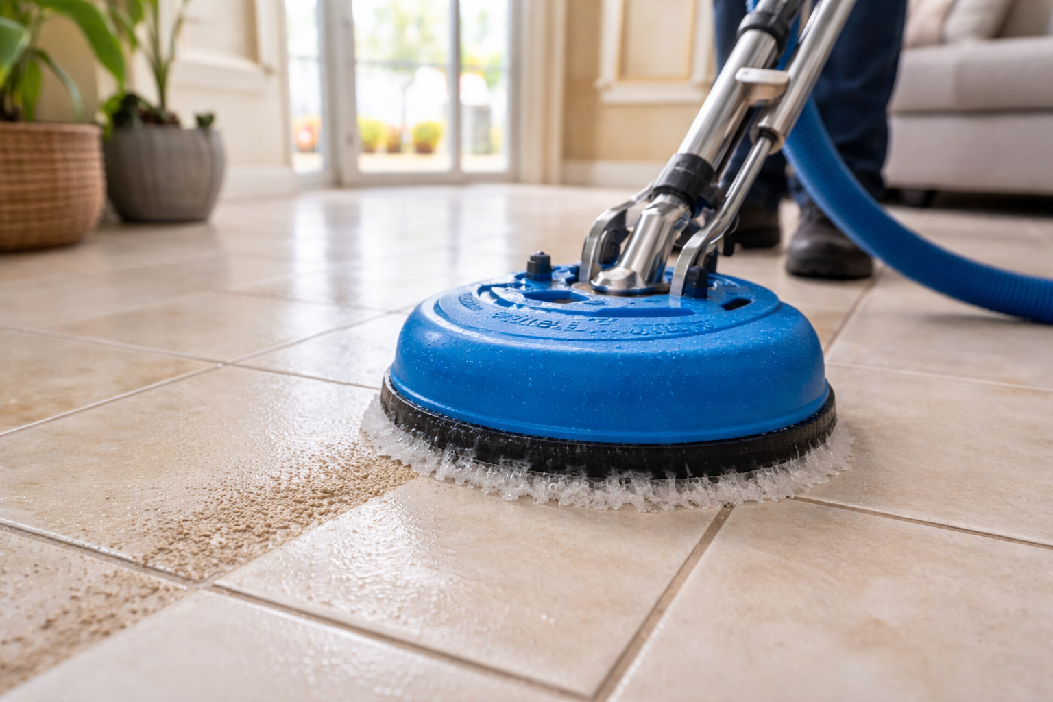 Close-up of a tile and grout cleaning machine extracting dirt from beige floor tiles in a bright Central Florida home interior