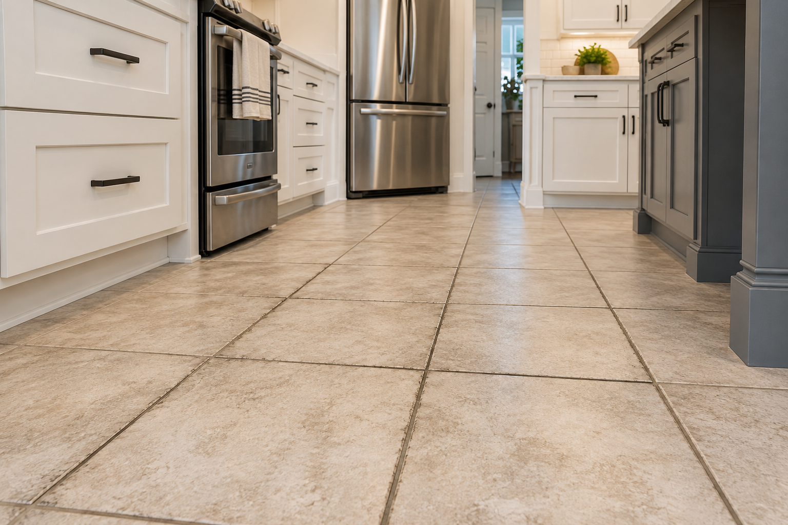 Beige tile floor with slightly dingy, darkened cement-based grout lines in a bright modern kitchen with white cabinetry and stainless steel appliances.