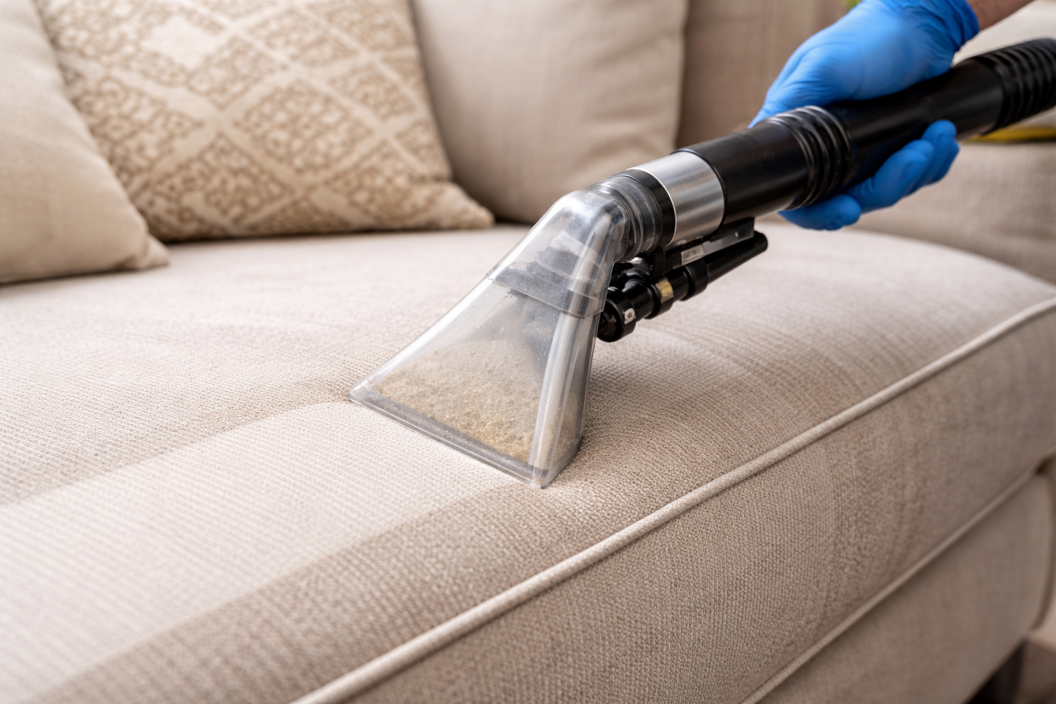 Professional technician performing low moisture upholstery cleaning on a beige sofa cushion using a hot water extraction tool.