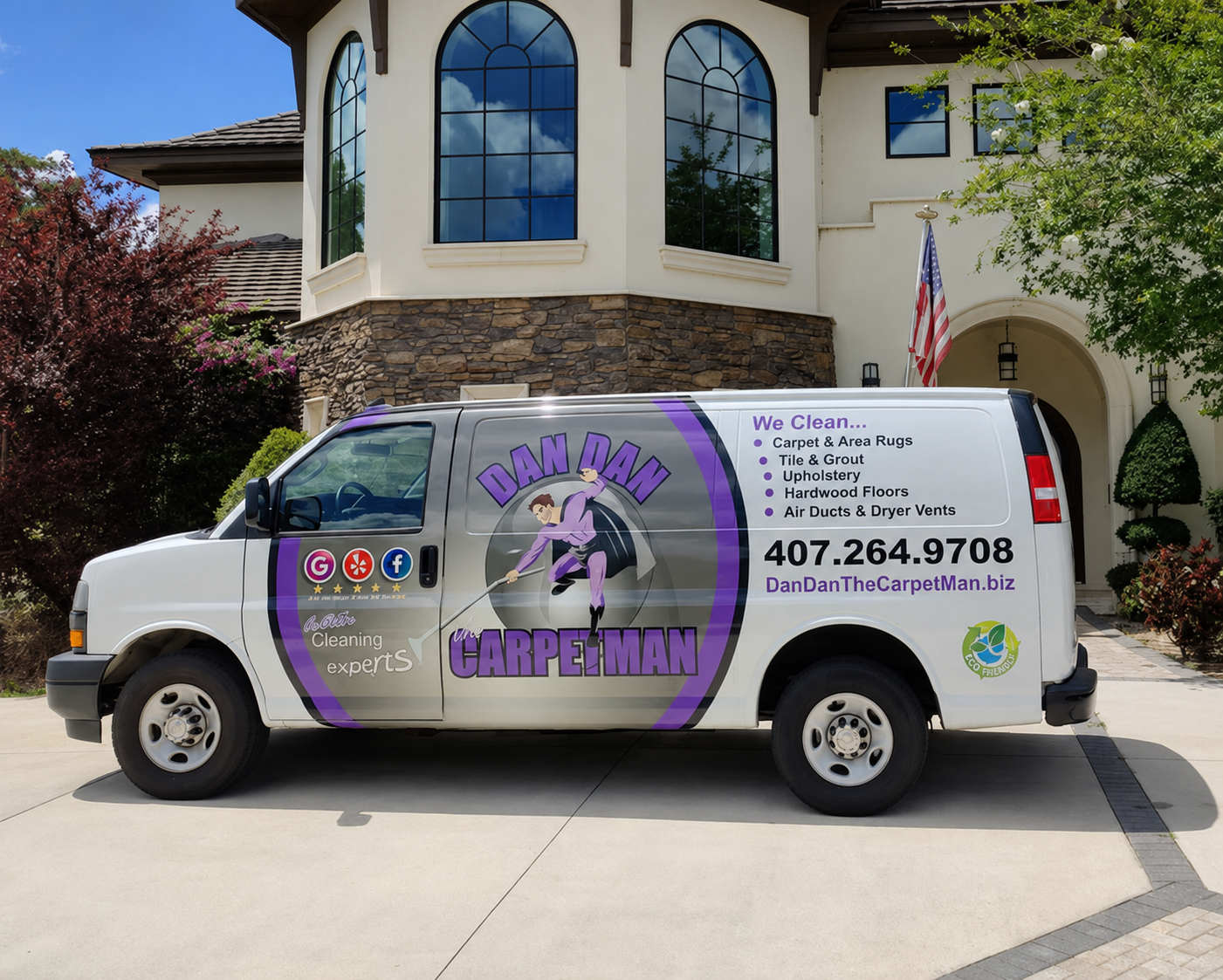 Dan Dan the Carpet Man service van representing the professional cleaning equipment and expertise used for carpet, tile, and upholstery cleaning.